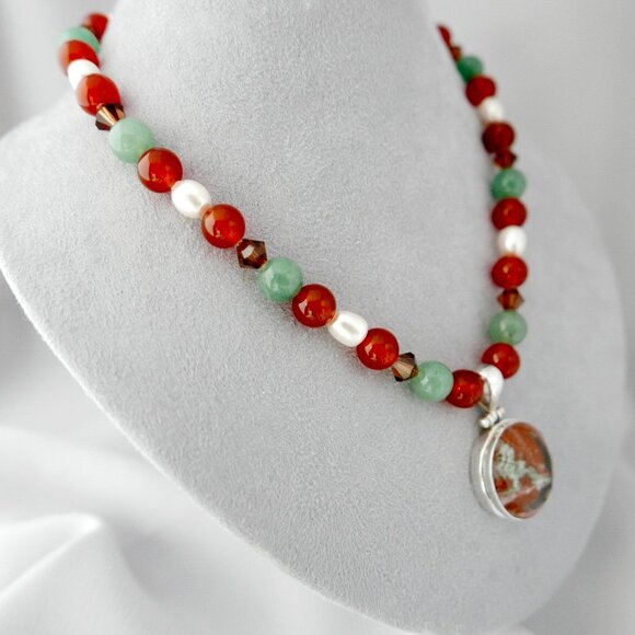 Gemstone and Pearl Necklace with Brazilian Mineral Pendant - Sterling Silver - Picture 3 of 5